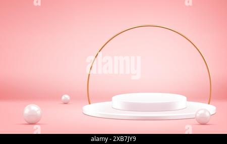 Weißes Podium 3D mit goldenem Regenbogen und Kugeln rosa Vektor Illustration. Runde geometrische Plattform mit verstreuter Perle, umgeben von bogenelitengelber m Stock Vektor