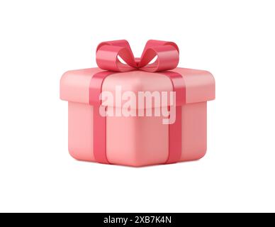 Pinkfarbene Geschenkbox 3D Vektor-Symbol isoliert auf weißem Hintergrund. Voluminöse Urlaubsüberraschung mit realistischem rotem Band. Farbenfrohe Veranstaltung des Weihnachtsverkaufs Stock Vektor