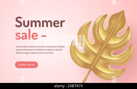 Sommer Gold Verkauf Vektor Website Banner Vorlage. Goldenes tropisches Monstera-Blatt. Spezielle Marketing-Angebote Rabatte und Einzelhandel. Modischer Einrichtungsstil Stock Vektor