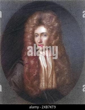 Robert Boyle 1627-1691 Anglo-irischer Chemiker und Physiker. Kupferstich., digital restaurierte Reproduktion von einer Vorlage aus dem 19. Jahrhundert, Datum nicht angegeben Stockfoto