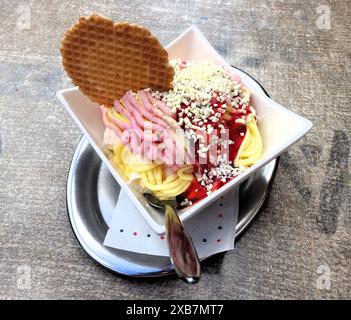 Ein Eisbecher mit Streuseln und Erdbeerstrudel mit einer Waffel am Teller Stockfoto