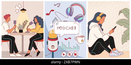 Podcast-Streaming. Audioaufzeichnungsprozess, Live-Übertragung von Interviews, Hörer, Moderatoren und Gäste-Studio, Menschen mit Kopfhörern, Blogger Stock Vektor