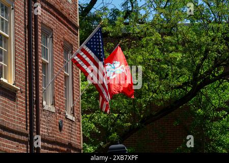 Haus mit amerikanischer und litauischer Flagge auf der Elfreth's Alley in der Altstadt von Philadelpia. Pennsylvania, USA. Stockfoto