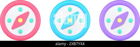 Kompass Geographie Kartographie Führung Erkundung Reise Entdeckung mechanisches Gerät 3D Symbol Set realistische Vektorillustration. Kennzahl der Kartennavigation Stock Vektor