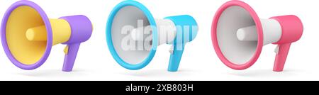 Megaphone Lautsprecher Marketing öffentliche Ankündigung Verkauf Rabatt 3D Icon Set realistische Vektor-Illustration. Bullhorn Voice Promotion News Propaganda Stock Vektor