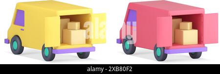 Lieferwagen voller Pappkartons mit offenen Türen Frachttransport Service 3D Icon Set realistische Vektorillustration. Lkw Paketpost Paket fr Stock Vektor
