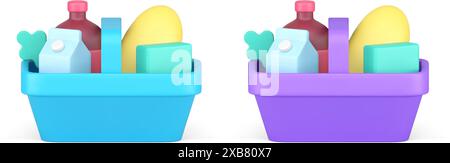 Warenkorb Plastikwagen mit Griff voll von Lebensmittelprodukt 3D Icon Set realistische Vektor-Illustration. Laden, der Supermärkte kauft Stock Vektor