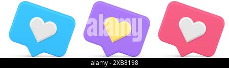 Herz wie schnelle Tipps soziale Medien Netzwerke Cyberspace Button Set 3D Symbol realistische Vektor-Illustration. Valentine Internet Benachrichtigung Online Dating Stock Vektor