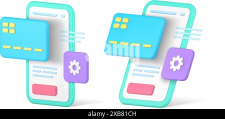 Internet-Kaufkarte Zahlungseinstellungen Smartphone-Benutzeroberflächenkonto 3D-Symbolsatz realistische Vektorillustration. Online-Shopping Finanzgeld t Stock Vektor