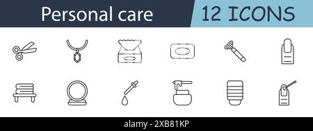 Symbol für Körperpflegeset. Enthält Symbole für Scheren, Seife, Lotion und Pflegewerkzeuge. Perfekt für Beauty-, Hygiene- und Selbstpflegekonzepte. Vektorlinie Stock Vektor