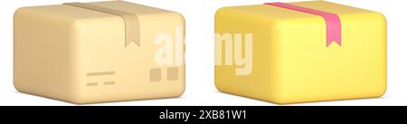 Paket rechteckig gewickelte Pappkarton Postcontainer Frachtlager Kurierlieferung 3D Icon Set realistische Vektorillustration. Porto mit Stock Vektor