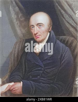 William Hyde Wollaston (1766–1828), englischer Chemiker, geboren in East Dereham, Norfolk, England. Wollaston entdeckte Palladium (1804), Rhodium (1805) und duktile Platin. In der Spektroskopie arbeitete er an den Fraunhofer-Linien im Sonnenspektrum. Aus „James Sheridan Muspratt Chemistry London“, ca. 1860. Gravur., digital restaurierte Reproduktion von einer Vorlage aus dem 19. Jahrhundert, Datum nicht angegeben Stockfoto