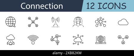 Symbol für Verbindungsgruppe. Globus, Netzwerk, Signalturm, Menschen, Cloud, Cloud-Netzwerk, Wi-Fi, soziales Netzwerk, Computer, Weltkarte, Verbindungen. Konnektivität Stock Vektor