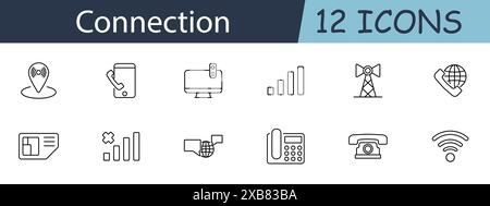 Symbol für Verbindungsgruppe. Position Pin, Telefon, Computer, Signalstärke, Mobilfunkmast, wifi, sim-Karte, Festnetz. Kommunikation, Netzwerk, Konnektivität, Div Stock Vektor