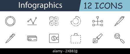 Symbol Infografik-Set. Tortendiagramm, Liniendiagramm, Taschenrechner, Stift, Brieftasche, Koffer, Netzwerk, Lupe, Herz. Datenvisualisierung, Finanzanalyse Stock Vektor