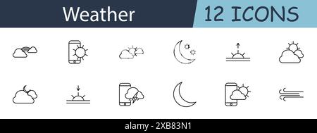 Symbol „Wetter einstellen“. Cloud, Smartphone, Sonne, Mond, Sterne, Sonnenaufgang, Sonnenuntergang, Sturm, Wind. Wetterbedingungen, Wettervorhersage, Meteorologie, Klimaschutzkonzept Stock Vektor