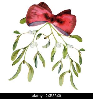 Mistelzweige mit Beeren, rote satinatlasschleife. Aquarell handgezeichnete Illustration, Komposition isoliert auf weiß. Weihnachten, frohes neues Jahr Stockfoto