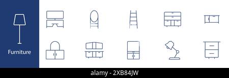 Möbelset-Symbol. TV-Standfuß, Kosmetikbereich, Leiter, Kommode, Nachttisch, Schreibtisch, Lampe. Haus, Inneneinrichtung, Dekorkonzept. Stock Vektor
