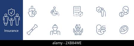 Symbol "Versicherungsgruppe". Familie, Rollstuhl, Vertrag, Knochen, Bauarbeiter, Gruppe, Baby, Geld. Schutz, Abdeckung, Politikkonzept. Stock Vektor