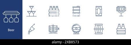 Bierset-Symbol. Biergläser, Flaschen, Fass, Fässer, Zapfhahn, Sixpack, Stabschild, Zugsystem. Brauerei, Getränk, Alkohol Konzept. Stock Vektor