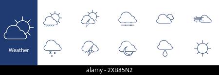 Symbol „Wetter einstellen“. Sonne, Wolke, Blitz, Regen, Schnee, Nebel, Wind, Mond. Vorhersage, Meteorologie, Klimakonzept. Stock Vektor