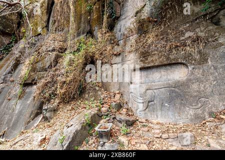 Elefant in die Klippe graviert, Wat Pho (oder Wat Phu) Tempel Ruine UNESCO-Stätte, Champasak, Laos Stockfoto