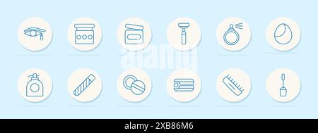 Symbol für Make-up-Werkzeuge. Augenbrauenstift, Kompaktstift, Parfüm und Lippenstift. Kosmetik, Schönheit, Körperpflegekonzept. Stock Vektor