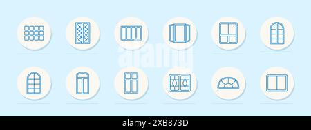 Symbol „Fenstereinstellung“. Verschiedene Fensterdesigns, darunter Bogenfenster, Schiebe- und Flügelfenster. Zuhause, Architektur, Designkonzept. Stock Vektor
