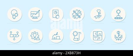 Symbol „Business Development Set“. Glühlampe, Computer, Tabelle und Getriebe. Innovation, Wachstum, Planung und Strategiekonzept. Stock Vektor