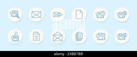 Symbol für E-Mail-Set. Ordner, Envelope, Abfrage, Posteingang, Postausgang, Dokument, gesendet, empfangen, Anhang, Nachricht, Kommunikation. E-Mail-Konzept. Symbol für Vektorlinie o Stock Vektor