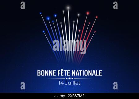 Banner 14. juli bastille Tag in frankreich, Poster mit französischem bunten Feuerwerk auf dunklem Himmel Hintergrund. Feuerwerk frankreich Flagge. Französischer Nationalfeiertag Stock Vektor