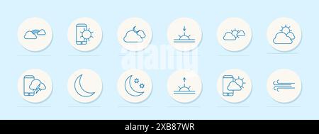 Symbol „Wetter einstellen“. Sonne, Wolke, Regen, Schnee, Sturm, Wind, Mond, Nebel, bedeckt, teilweise bewölkt, sonnig, Donner. Wetterbedingungen, Prognosekonzept. Vecto Stock Vektor