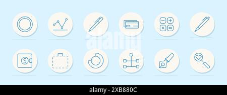 Symbol „Data Analytics Set“. Diagramm, Balkendiagramm, Uhr, Zwischenablage, Dokument, Münzen, Hierarchie, Ordner, Lupe. Statistiken, Leistung, Geschäftsentwicklung Stock Vektor