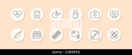 Symbol für medizinisches Set. Herzfrequenz, Rezept, Spritze, Pillen, Labortest, Stethoskop. Gesundheitswesen, Diagnose, Behandlungskonzept. Vektorlinien-Symbole auf beig Stock Vektor