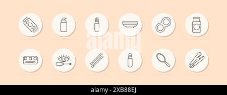 Schönheitsset-Symbol. Rasierer, Flasche, Rolle, Schüssel, Kontaktlinsenhülle, Creme, Lidschatten, Mascara, Wattestäbchen, Spiegel, Haarglätter. Make-up, Kosmetik Stock Vektor