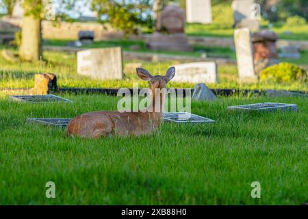 Ein einsamer Hirsch, der sich im Gras auf dem Boden zurücklehnt Stockfoto