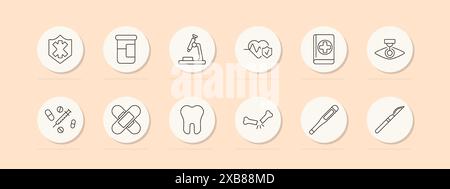 Symbol für medizinisches Set. Gesundheit, Verordnung, Mikroskop, Herzmonitor, Gesundheitswesen, Pillen, Zahnheilkunde, Thermometer. Medizin, Gesundheitskonzept. Vektorlinie IC Stock Vektor