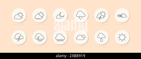Symbol „Wetter einstellen“. Sonne, Wolken, Regen, Gewitter, Wind, Schnee, Nebel, teilweise bewölkt, Nacht, Temperatur, Vorhersage, Meteorologie. Klimaschutzkonzept Stock Vektor