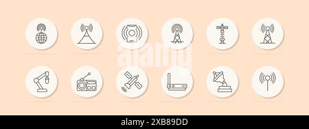 Symbol für Kommunikationsgruppe. Antenne, Satellit, Radio, Router, Signal, Broadcast, Mikrofon, Sender, drahtlos, globale Verbindung, internet, Netzwerk Stock Vektor
