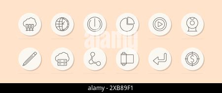 Symbol „Cloud Computing Set“. Server, Globe, ein-/Ausschalter, Tortendiagramm, Wiedergabetaste, Webcam, Bleistift, Daten, Netzwerk, Filmrolle, Dollarziel. Technologie graben Stock Vektor