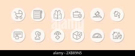 Symbol "Versicherungsgruppe". Kinderwagen, Dokument, Weste, Aktentasche, Hammer, Haus, Zertifikat, Schild, Regenschirm, Box, Messgerät, Feuer. Versicherung, Schutzkonzept. Stock Vektor