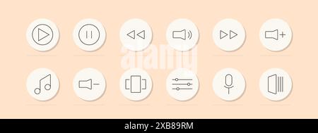 Symbol für Multimedia-Bedienelemente. Wiedergabe, Pause, Rücklauf, Lautstärke, schneller Vorlauf, Musik, Equalizer, Mikrofon, Lautsprecher. Symbol für Vektorlinie auf pfirsichfarbenem Hintergrund. Stock Vektor