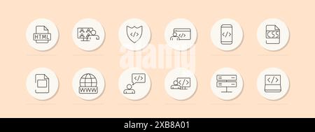 Symbol für Codierungs- und Programmiersatz. HTML, Team, Sicherheit, Code, mobil, CSS, Dokumente, Web, Entwickler. Symbol für Vektorlinie auf pfirsichfarbenem Hintergrund. Stock Vektor