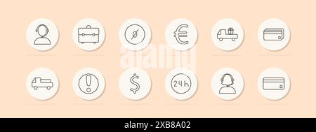 Symbol für Telekommunikationseinstellungen. Telefon, SIM-Karte, Signal, Bildschirm, Web, tower, Anruf, wlan. Symbol für Vektorlinie auf pfirsichfarbenem Hintergrund. Stock Vektor