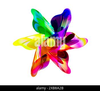 Eine Vorderansicht einer normalen Spielzeugwindmühlen mit sechs unterschiedlich psychedelischen Flügeln, die sich auf einem Stock auf einem weißen Bildschirm drehen Stockfoto