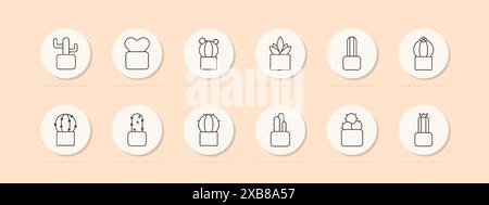 Symbol für Cactus Collection Set. Verschiedene Kaktusarten in Töpfen, verschiedene Formen und Größen. Symbol für Vektorlinie auf pfirsichfarbenem Hintergrund. Stock Vektor