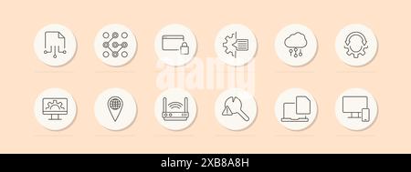 Symbol für Netzwerkeinstellungen. Dokument, Knoten, Websicherheit, Cloud-Daten, Ausrüstung, Laptop, Schraubenschlüssel, Feilen. Symbol für Vektorlinie auf pfirsichfarbenem Hintergrund. Stock Vektor