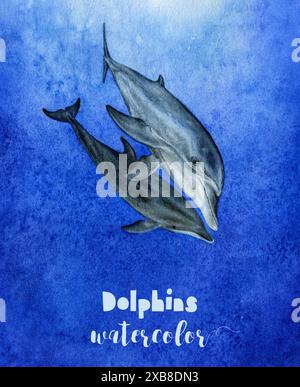 Elektrische blaue Delfine, die in Kunst gemalt sind, schwimmen zusammen in der Illustration der Tierwelt des Ozeans Stockfoto