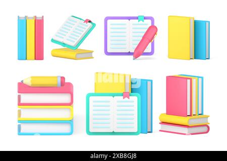 Buch Lehrbuch Bibliothek Buchhandlung Literatur Lernen Bildung Wissen Set 3D Symbol realistische Vektor Illustration. Bildungsstudium Abschluß Col Stock Vektor