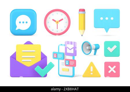 Internet-Chats Cyberspace-Kommunikation Online-Dialog Smartphone-App Set 3D-Symbol realistische Vektorillustration. Social-Media-Marketing-Unternehmen Stock Vektor